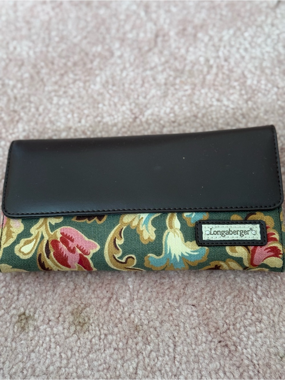 Longaberger Brown Leather & Multicolor Floral Canvas Wallet